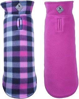 The Worthy Dog Fargo Fleece Check Dog Jacket, Adjustable Reversible with Harness Hole, Wind-Resistant, Winter Outdoor Clothes for Pets, Purple - 16'
