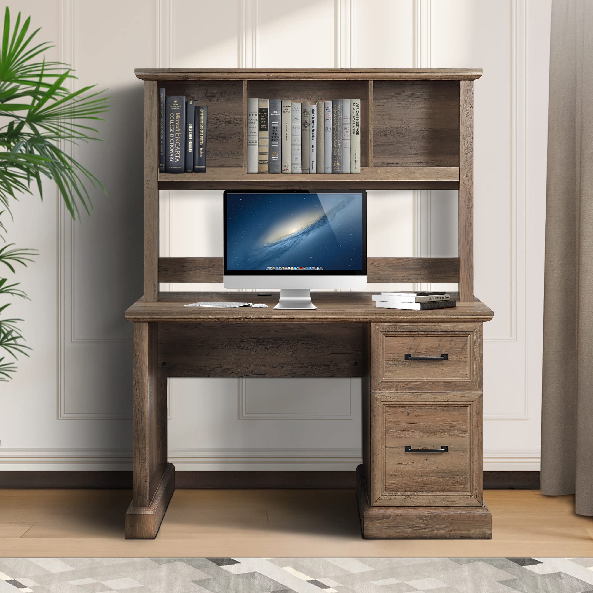 Buy BELLEZE 50 Inch Wood Executive Secretary Desk with Hutch, Rustic Small Space Computer