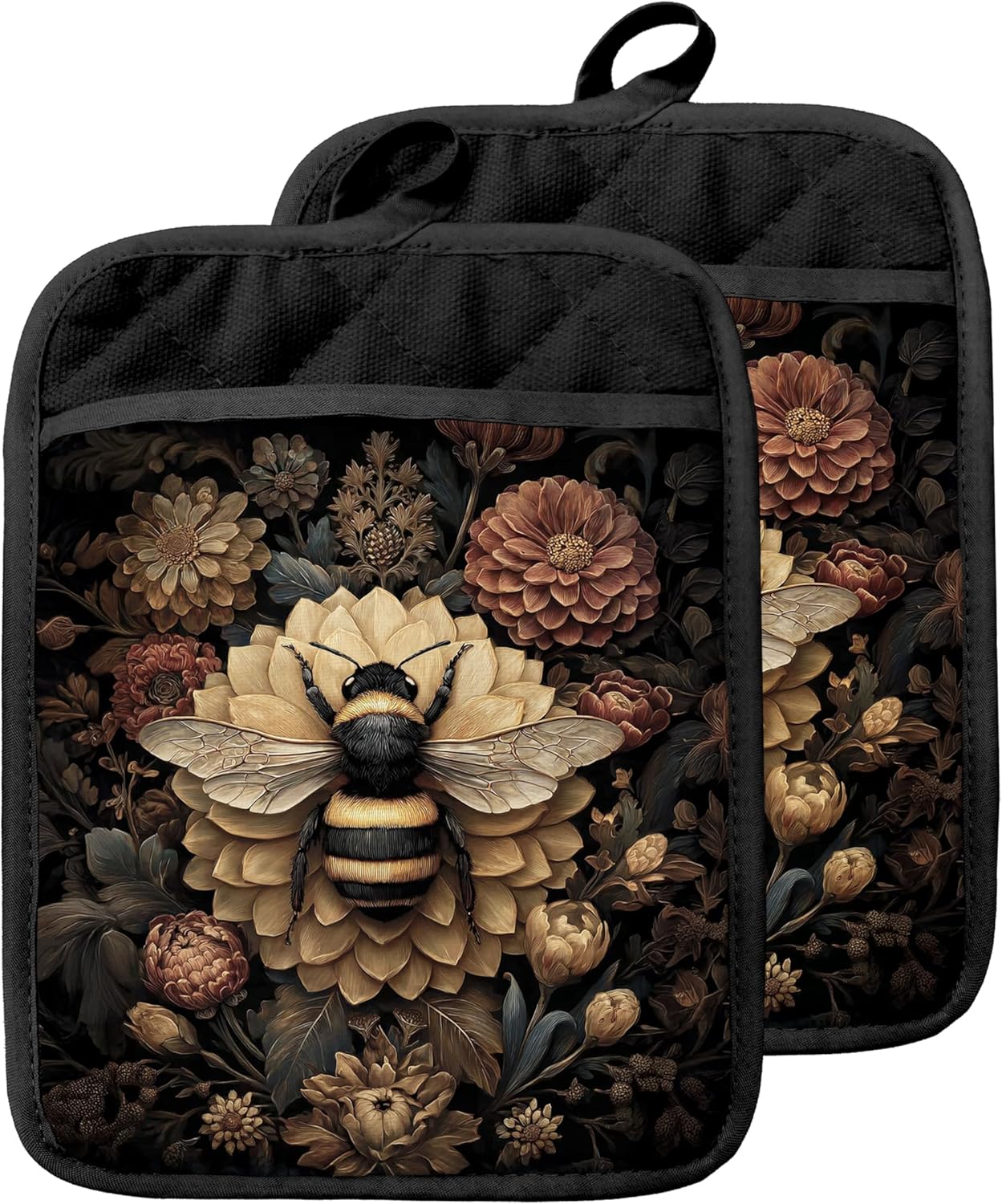Dark Vintage Floral Bee Pot Holders with Pockets, Bee Kitchen Decor, Dark Cottagecore Gothic Bumblebee Oven Pot Holders Heat Resistant Oven Mitts Hot Pads for Kitchen Baking Cooking