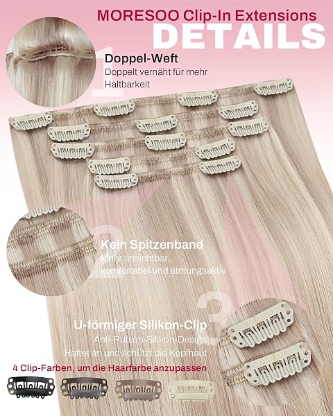 Moresoo Clip in Extensions Echthaar Blond Seidig Glatt Volumen Erweiterungen Echthaar Extensions Clip 35 cm 5 Stück 80g Aschblond mit Platinblond #18/613 Natürlicher Look für Alltag - 4