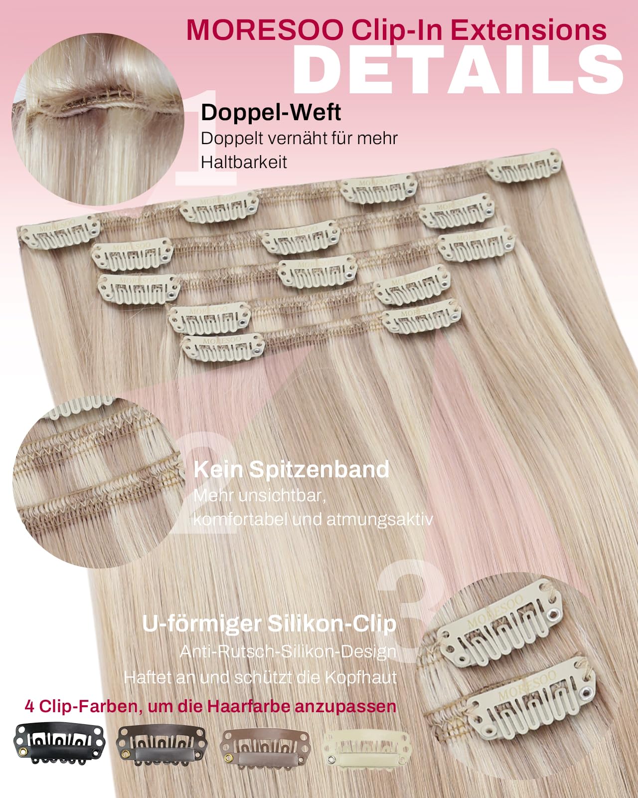 Moresoo Echthaar Extensions Clip Aschblond mit Platinblond Strähnchen Clip in Extensions Echthaar 40 cm 5 Stück 80g Glattes Haar #18/613 - 5