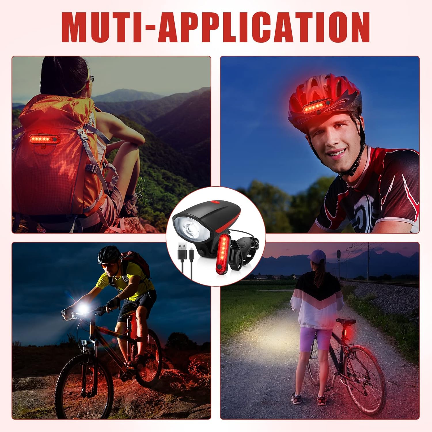 Hanaive 4 Sets Bright LED Bike Light Set USB Rechargeable Bicycle Front Headlight Back Taillight Waterproof Bicycle Light Cycling Accessories for Men Women Night Road Mountain Riding