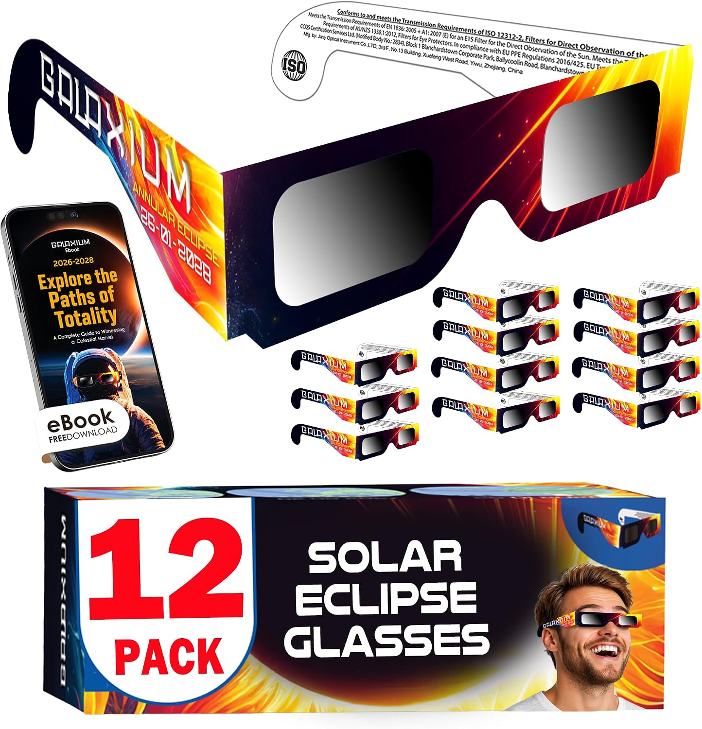 Galaxium 6/12/25/50/100 Pack Solar Eclipse Glasses 2026 ISO 12312-2 Certified | Trusted for Direct Solar Eclipse Viewing