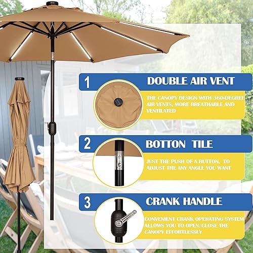 Miniatura 3 de Sunnyglade Sombrilla solar de patio con luz LED para exteriores de 9 pies con 8 tiras de luces LED y 8 varillas, práctico sistema de elevación de