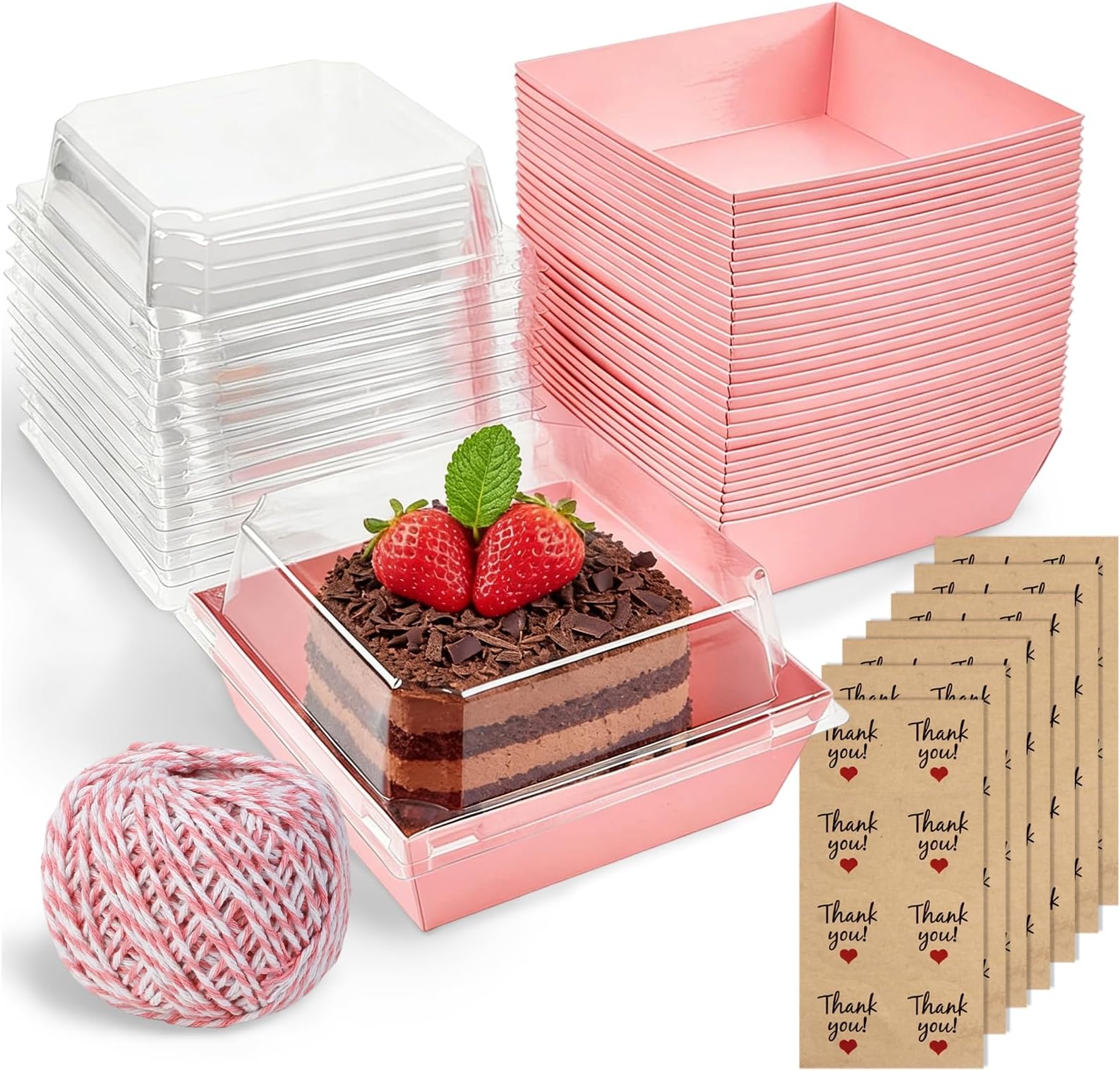 Eidoct 50 Pcs Cake Slice Boxes with Clear Lids, 12CM Oil-Proof Paper Dessert Food Containers, brownie box, baking boxes, chocolate boxes empty, treat boxes, Boxe Square Cookie Containers (Pink)