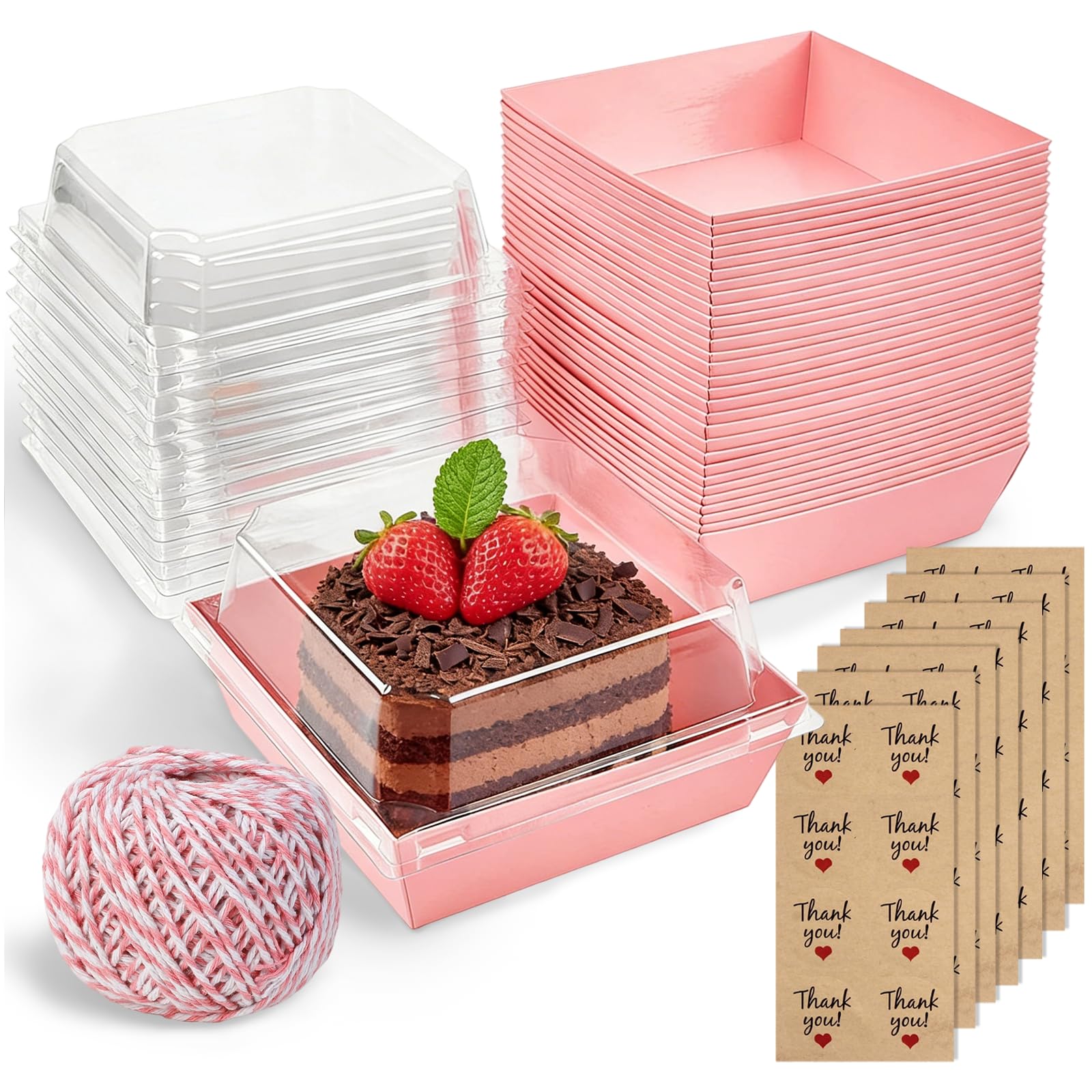 Eidoct Pink 50 Pcs Cake Slice Boxes With Clear Lids, 12Cm Oil-Proof Paper Dessert Food Containers, Brownie Box, Baking Boxes, Chocolate Boxes Empty, Treat Boxes, Boxe Square Cookie Containers (Pink)