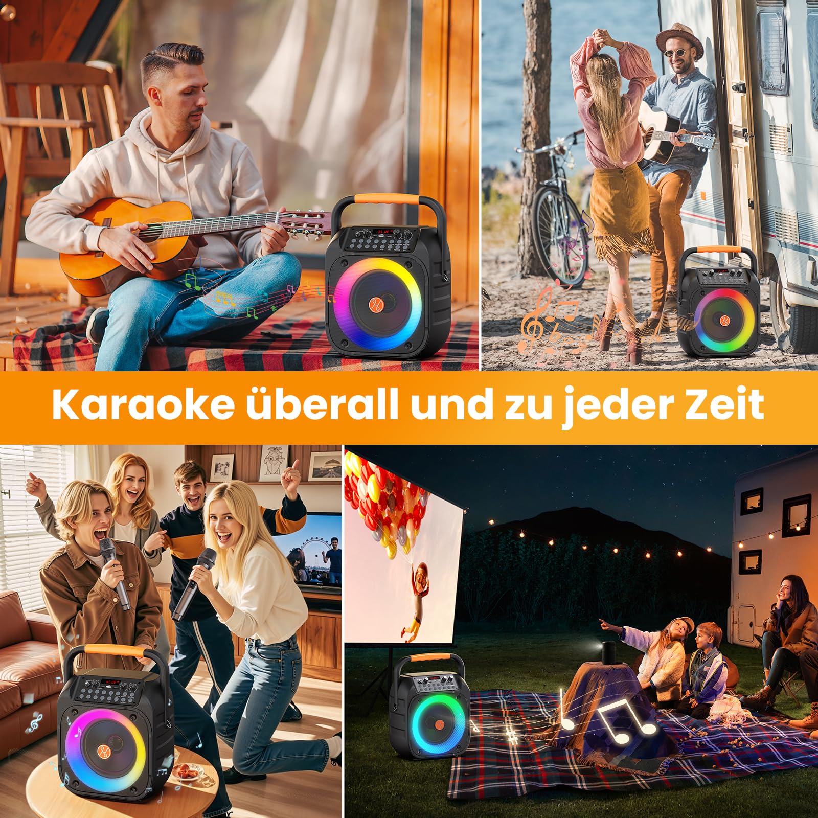 HWWR Karaoke Maschine, Tragbare Bluetooth Karaoke, Karaoke Anlage Mit 2 Mikrofonen, Echoanpassung, Led-Licht, Pa Anlage Karaoke Lautsprecher Unterstützt Tv/Rec/Aux/USB/Tf Karte (6,5 "Subwoofer)