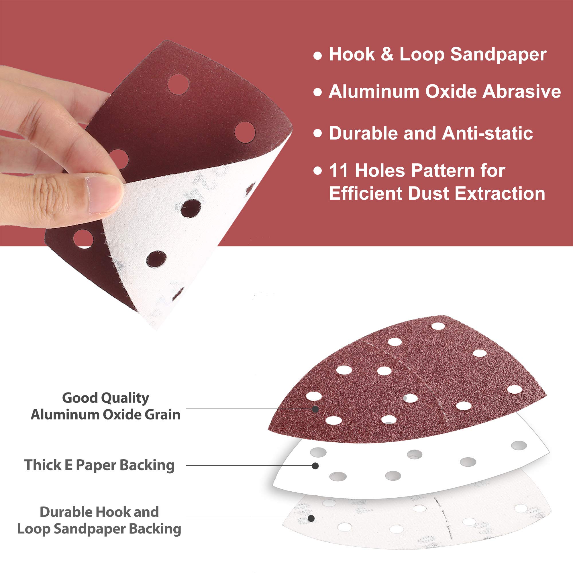 LotFancy Lijas para Lijadora 180 Piezas, Lija Madera 30 x Granos 40/60/80/120/180/240, Papel de Lija Triangular 105 x 152mm, 12 Agujeros Hojas de Lija Ajuste Multilijadora