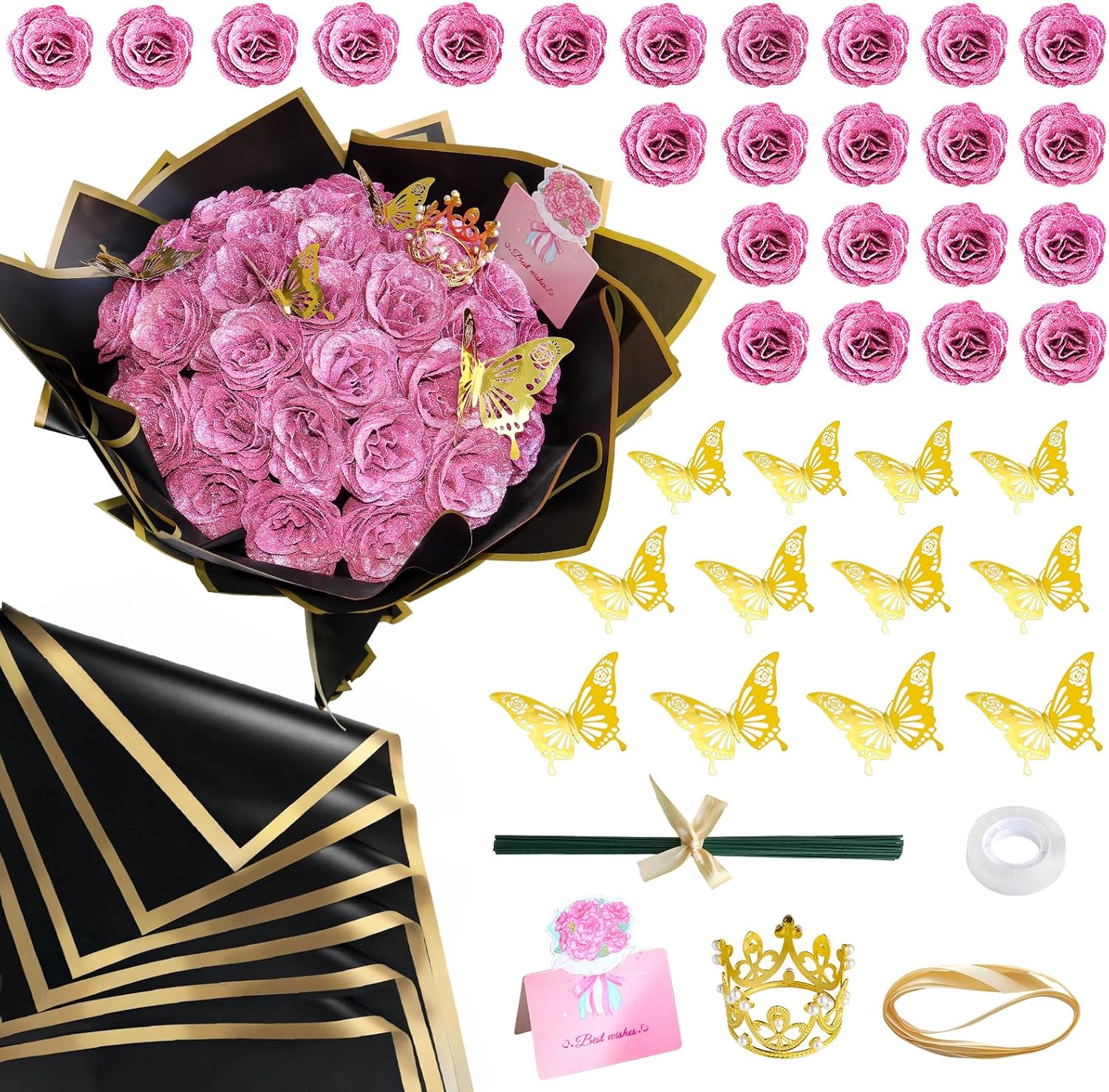 CCYXSHOW Artificial Glitter Roses Bouquet Pink - 24 Pack Fake Flowers Shiny DIY Bouquets with Stems Eternal Floral for Graduation Elegance Wedding Bouquet Anniversary Birthday Love Gifts for Her