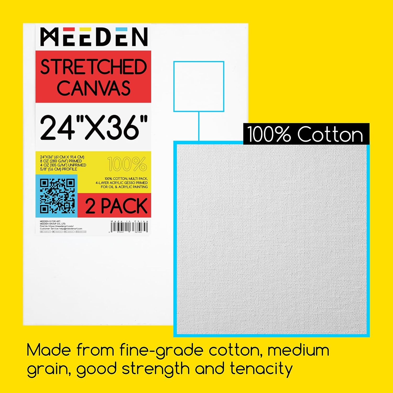 MEEDEN Stretched Canvas, 24 × 36 Inch, Pack of 2, Blank White Canvases for Painting, 100% Cotton, 15 oz Gesso-Primed, Pre-Stretched Canvas for Acrylic Oil Pouring & Airbrushing Painting 24''x36''- 2 Pack