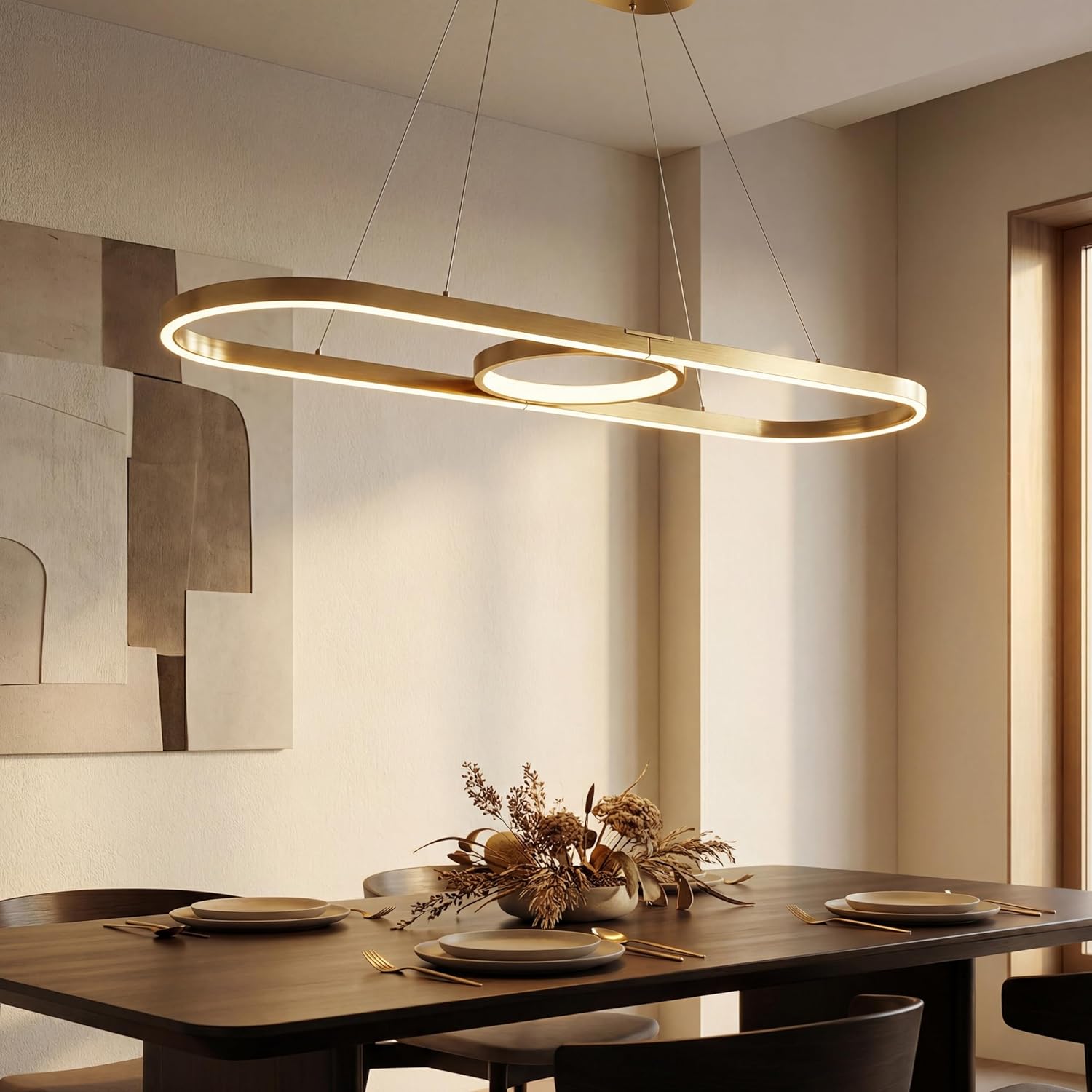 Modern LED Pendant Lights, Dimmable Linear Ring LED Chandelier Lighting, Chrome & Gold Dining Room Hanging Light Fixtures Kitchen Island Pendant Light for Dining Table (Golden 59'' (150CM))
