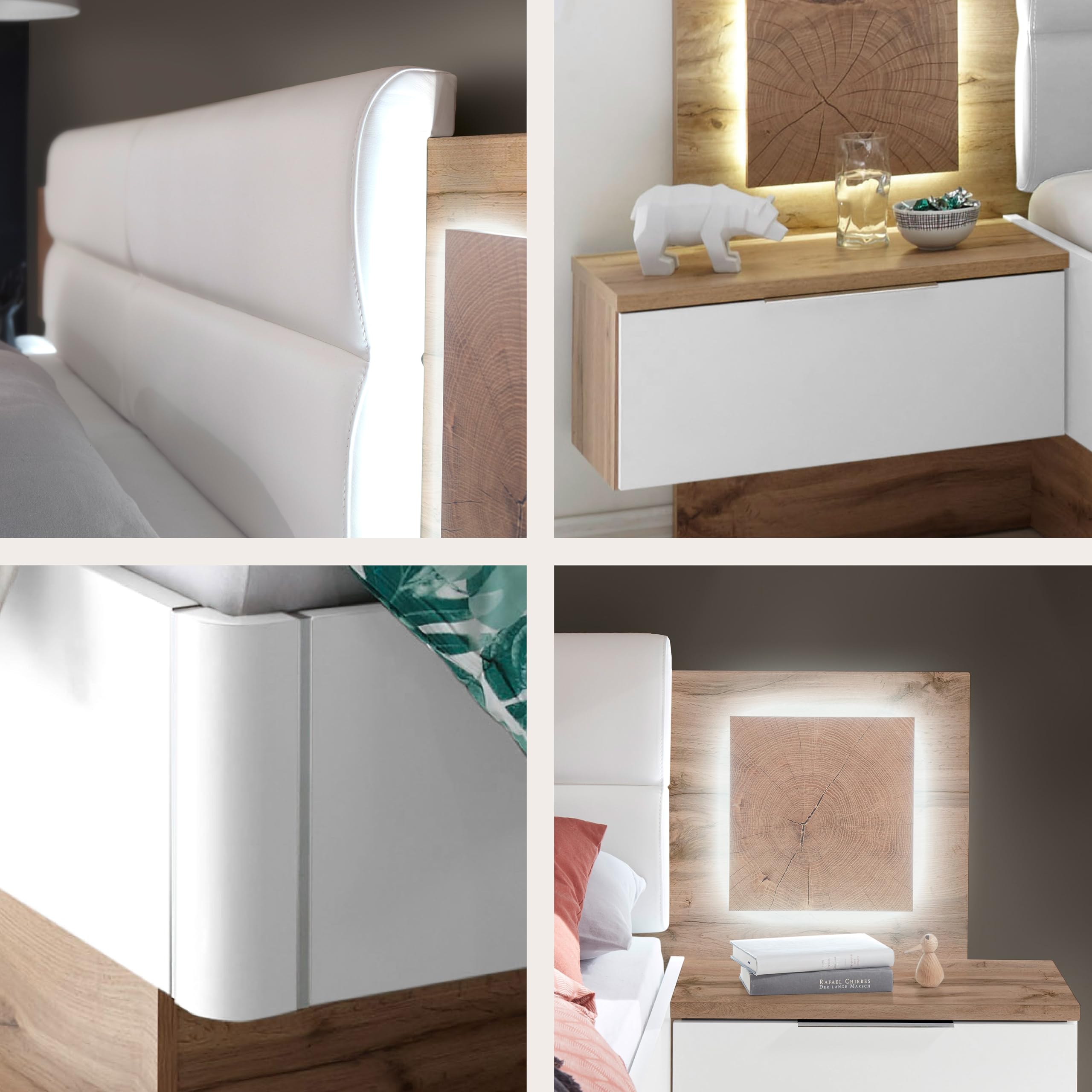 Stella Trading Capri Stilvolle Doppelbett Bettanlage mit LED-Beleuchtung 180 x 200 cm - Schlafzimmer Komplett-Set in Wildeiche-Optik, Weiß - 305 x 96 x 205 cm (B/H/T)