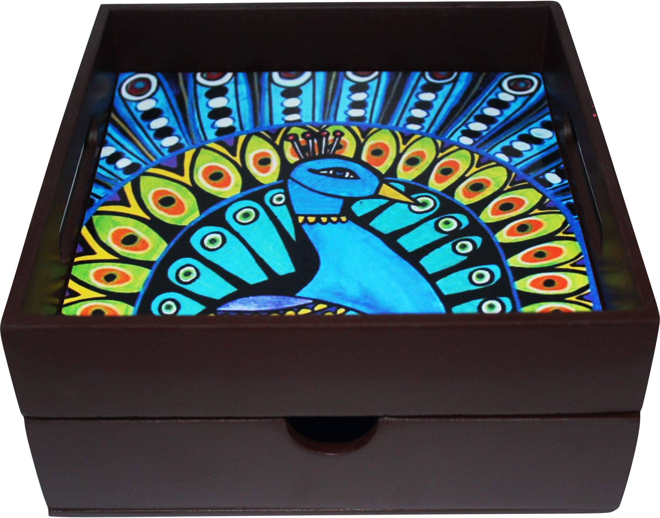Enigmatic Woodworks Wooden Tray with DrawerI Store Spoon Knife Fork Napkin Tea Sugar Milk Sachets I Size 20 X 20 X 9 (Brown New Peacock)