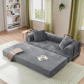 Antetek Convertible Futon Sofa Bed, 3-Seater Modern Corduroy Foam Floor King Size Bed Foldable Sleeper Lounge Loveseat Sofa Couch with 2 Throw Pillows for Living Room Bedroom Guest Room, Slate Grey