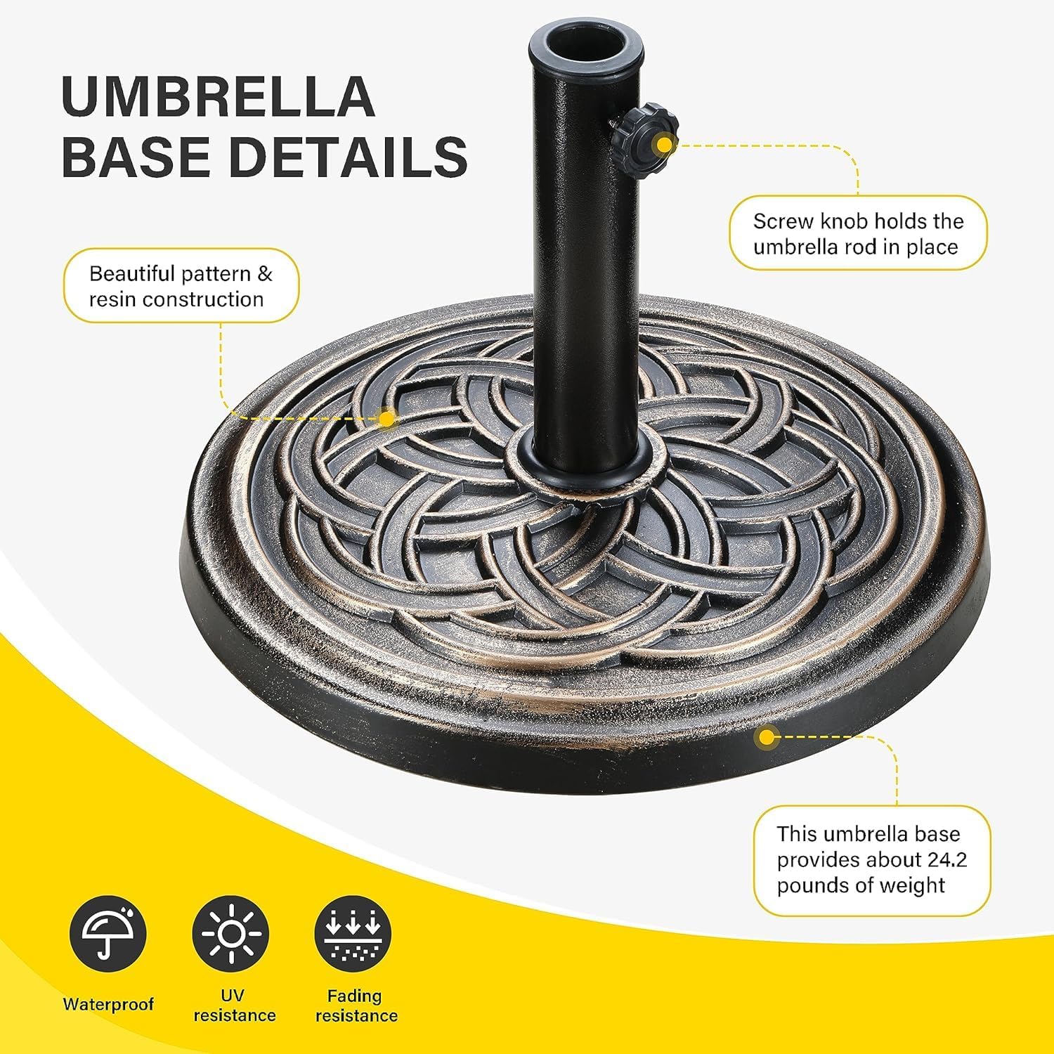 YSSOA 24.2 LBS 17.7" Market Umbrella Base Heavy Duty Round Patio Umbrellas Stand for Outdoor, Lawn and Garden, Deck, Bronze