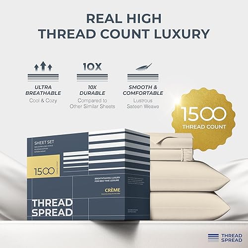 Miniatura 2 de THREAD SPREAD Juego de sábanas de 100% algodón egipcio tamaño King - Sábanas de lujo de 1500 hilos de algodón egipcio tamaño King, bolsillo profundo