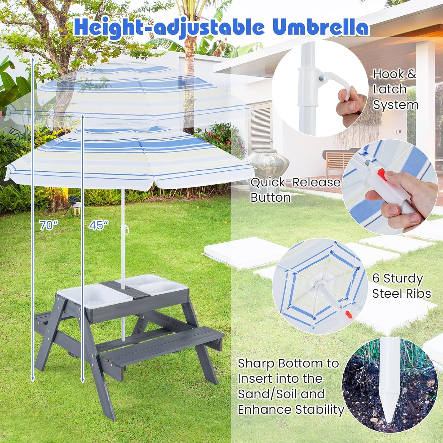 GLACER Kids Picnic Table, 4-in-1 Wood Water and Sand Table with 3 Removable Boxes with Lids and Adjustable Umbrella, Outdoor Activity Table and Bench Set for Patio, Backyard, Garden