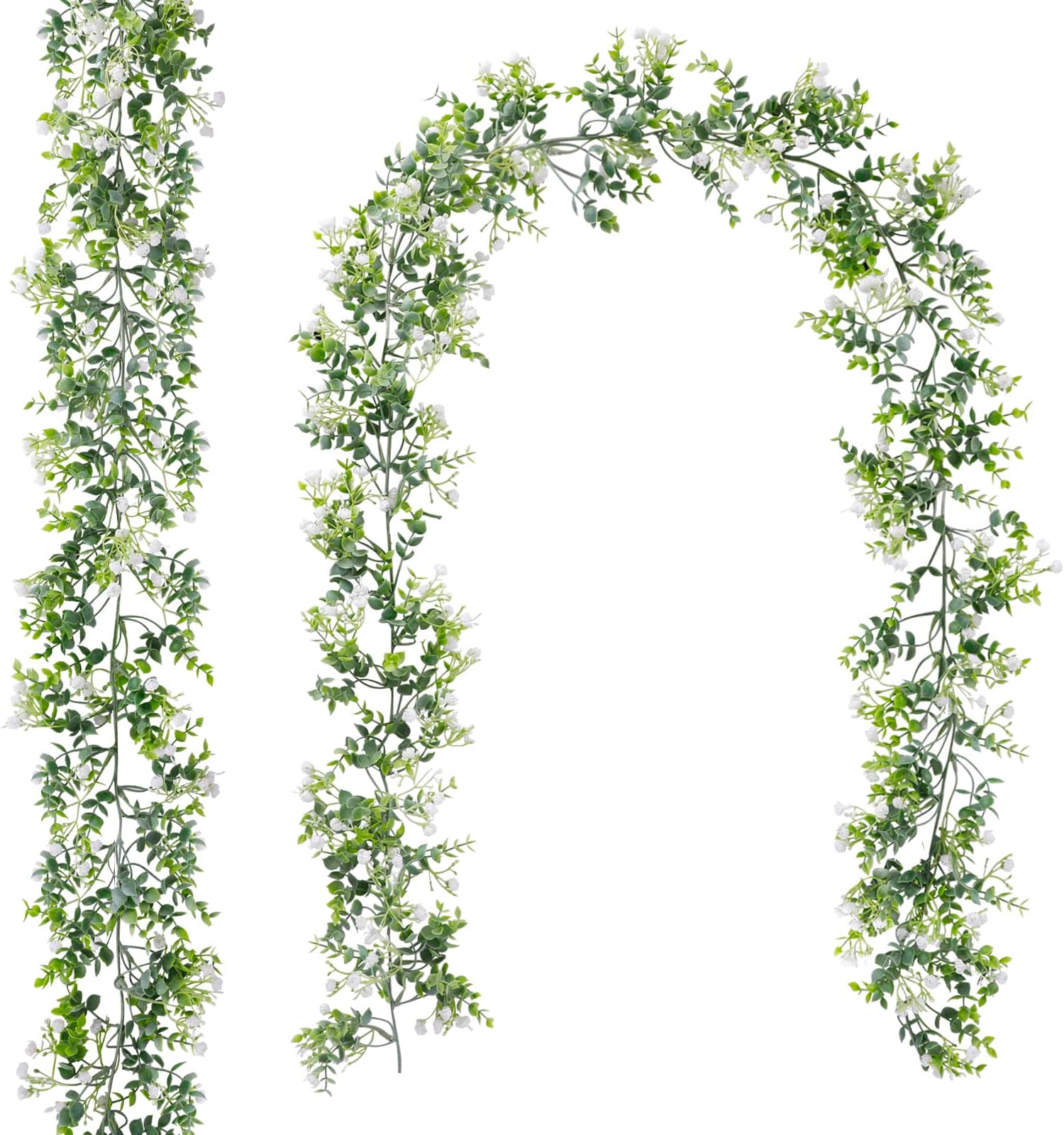 CEWOR 2pcs 5.7ft Eucalyptus Garland with White Flowers, Artificial Greenery Garland Faux Hanging Plants for Wedding Arch, Table Wall Backdrop, Party Home Decor