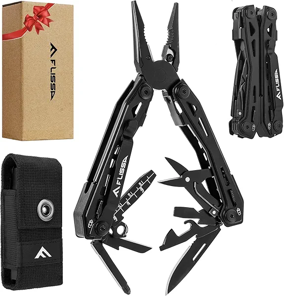 FLISSA 16-in-1 Stainless Steel Multi Tool, Gifts for Men, EDC Multitool with Pocket Knife, Pliers, Belt Clip and Oxford Sheath, Self-locking Utility Multi-Tool for Camping Survival Outdoor B