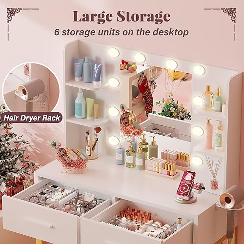 Miniatura 3 de Furmax Tocador con Espejo y Bombilla LED, Mesa Pequeña de Maquillaje con Cajones, Mesa de Vestir con Enchufe Eléctrico y Soporte para Secador de