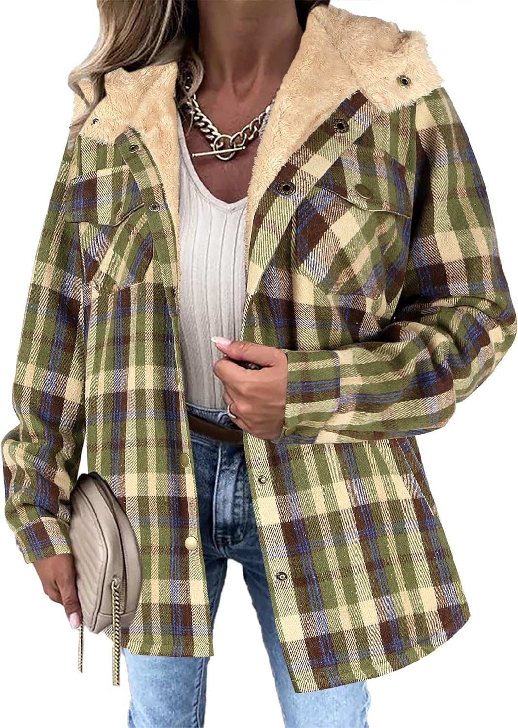 Zeagoo Womens Plaid Shacket Jacket Long Sleeve Fleece Hooded Jackets Fall Winter Warm Coat S-2XL