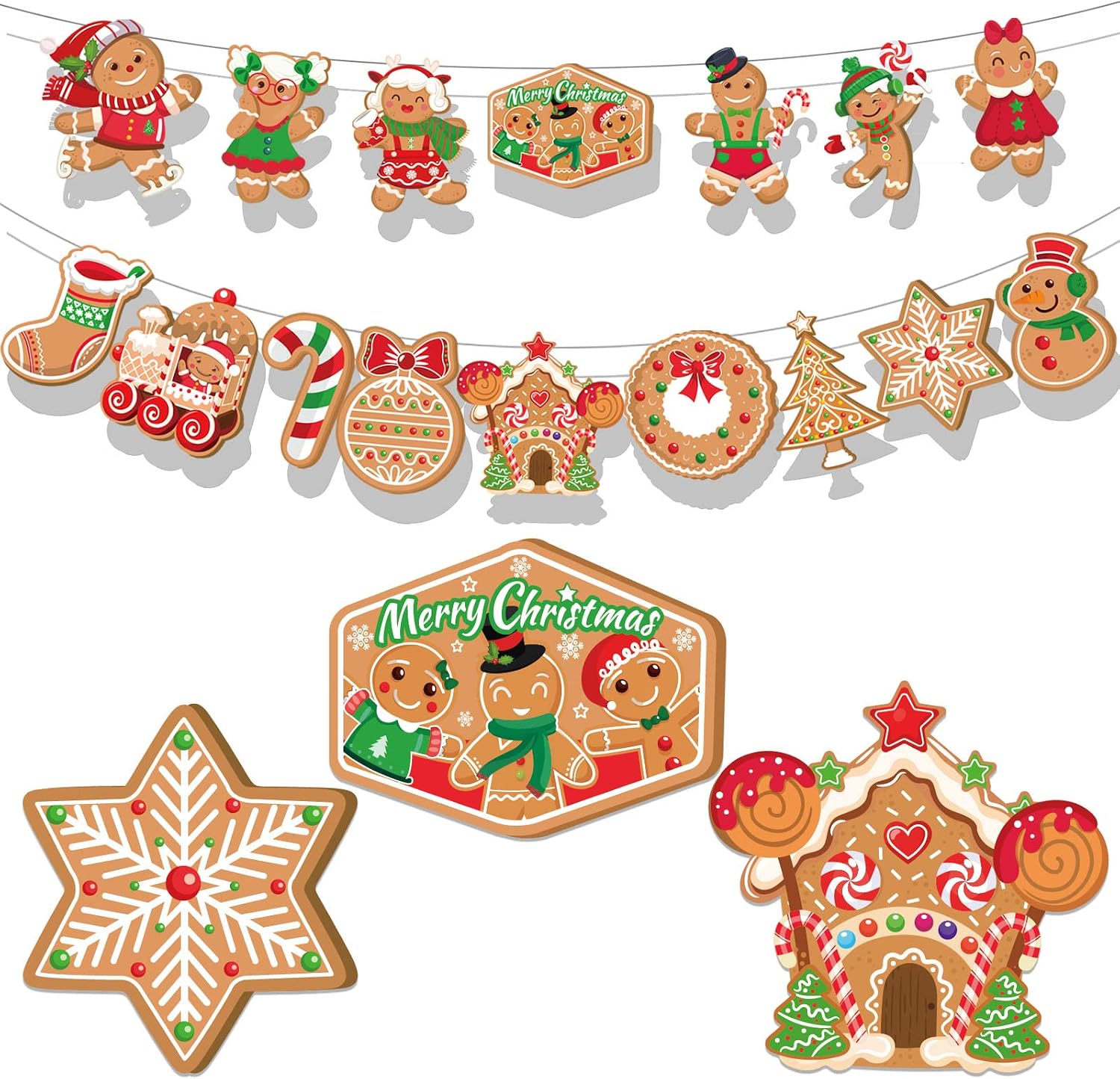 HOWAF Christmas Gingerbread Man Hanging Banner, Merry Christmas Backdrop banner-Snowflake, Christmas Tree, Candy Canes, Christmas Stockings Design Christmas Party Decorations Winter Home Ornament