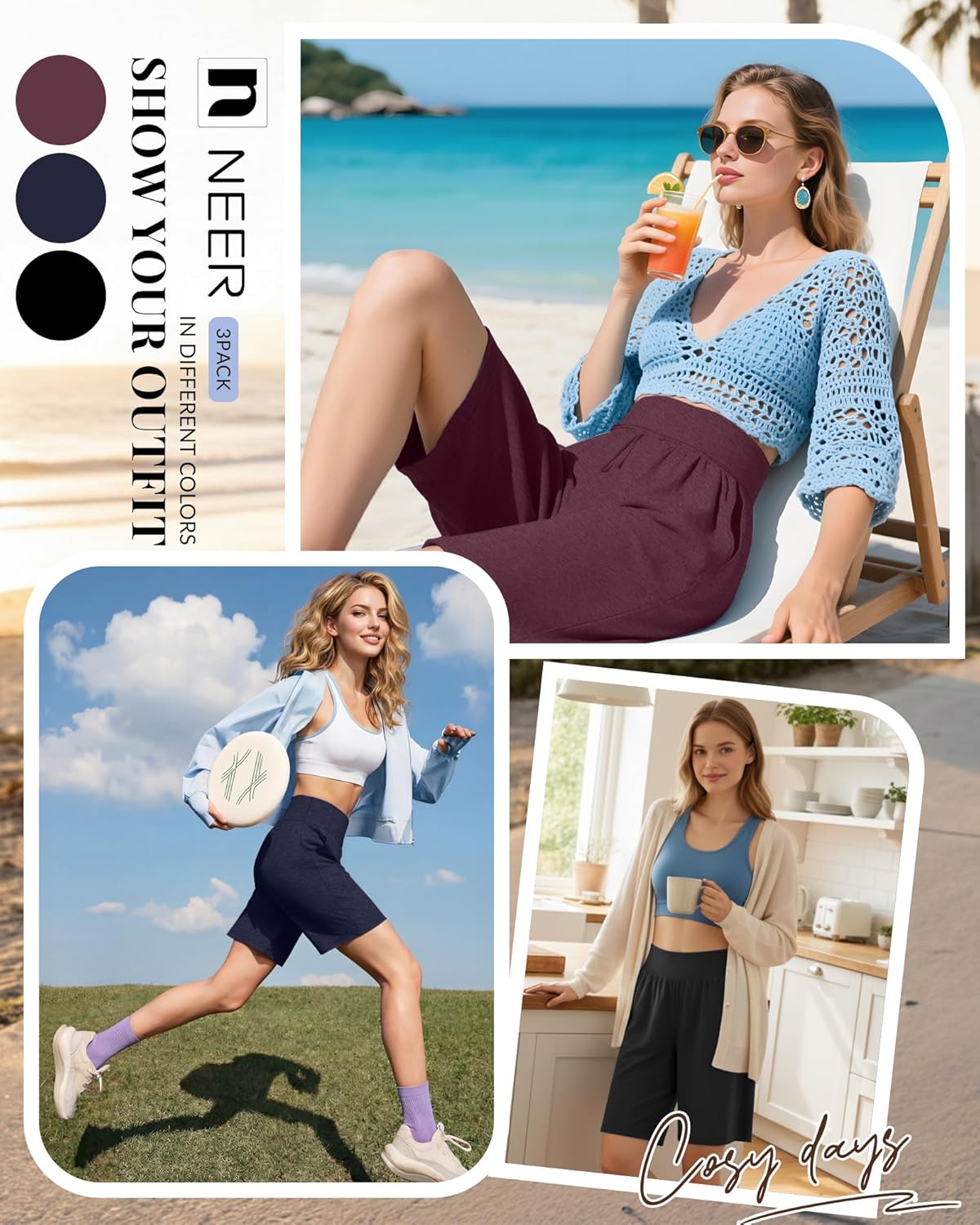 Neer 3 Pack Women's Bermuda Shorts, High Waist Basic Stretch Casual Bottoms Knee Length Summer Athletic Short with Pockets
