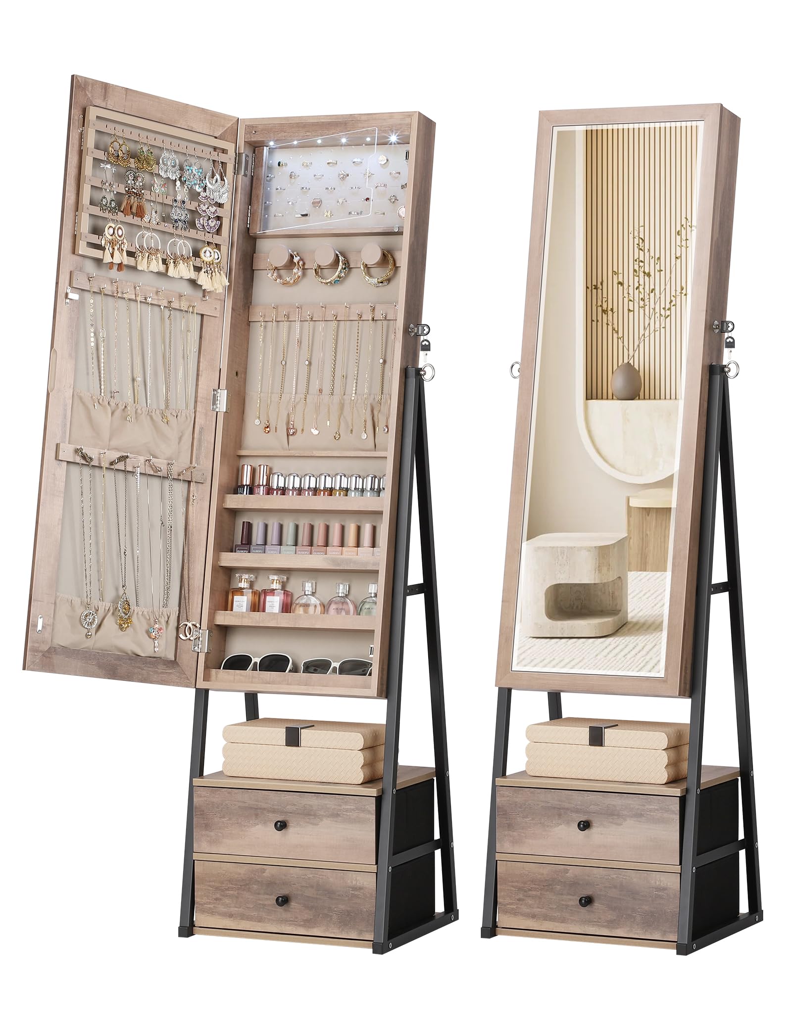 NicetreeNicetree Jewelry Cabinet Armoire with 2 Drawers, Lockable Standing Jewelry Mirror Cabinet, Full Length Mirror with Jewelry Storage, Jewelry Organizer with Light, Toasted Oak