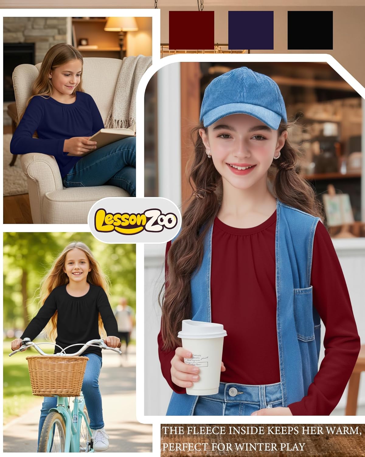 3 Packs Girls Long Sleeve Thermal Shirts Round Neck Fleece Lined Tops Base Layer Soft Basic Tees Warm Plain Clothes - Image 2