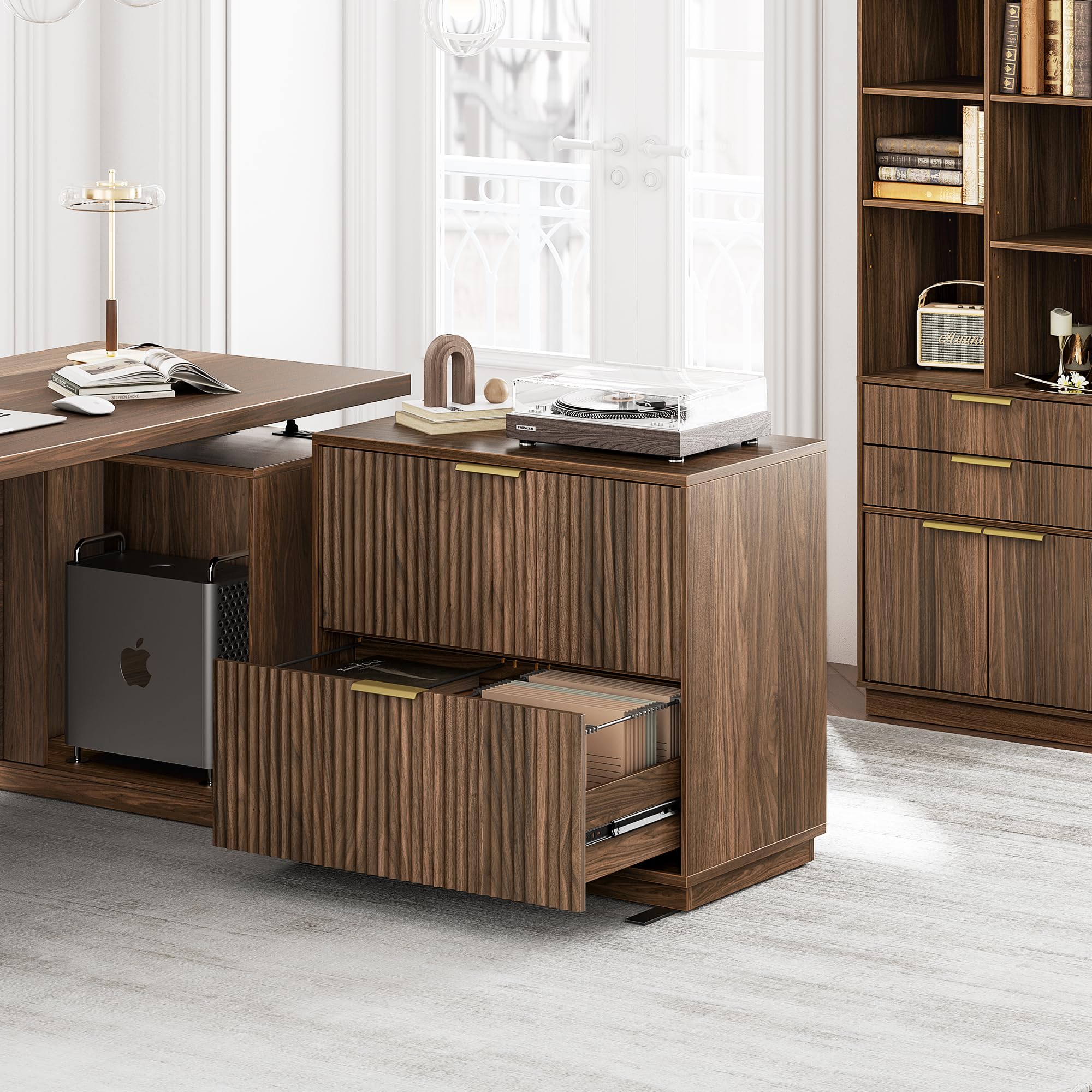 2 Drawer Fluted File Cabinet 32 Lateral File Cabinet for Legal Letter A4 F4 Size Hanging Files Wood — view 6