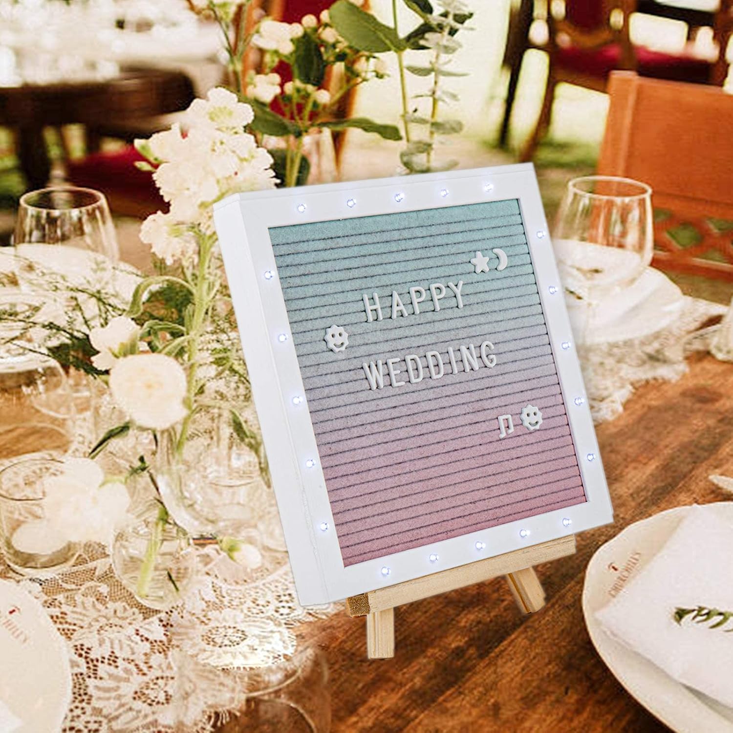Gradient Felt Letter Board with LED Lights- 10 × 10 Inch Felt Changeable Message Board with Romantic White Frame 510 Black & White Pre-Cut Letters for Making Valentine's Day Wedding Party Decor : Office Products