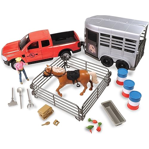 Big Country Toys: Truck & Horse Trailer Adventure - 24pc Rodeo Toy Playset, Light-Sound Red Pickup, Articulated Horse & Cowgirl Action Figure, Kids 3+
