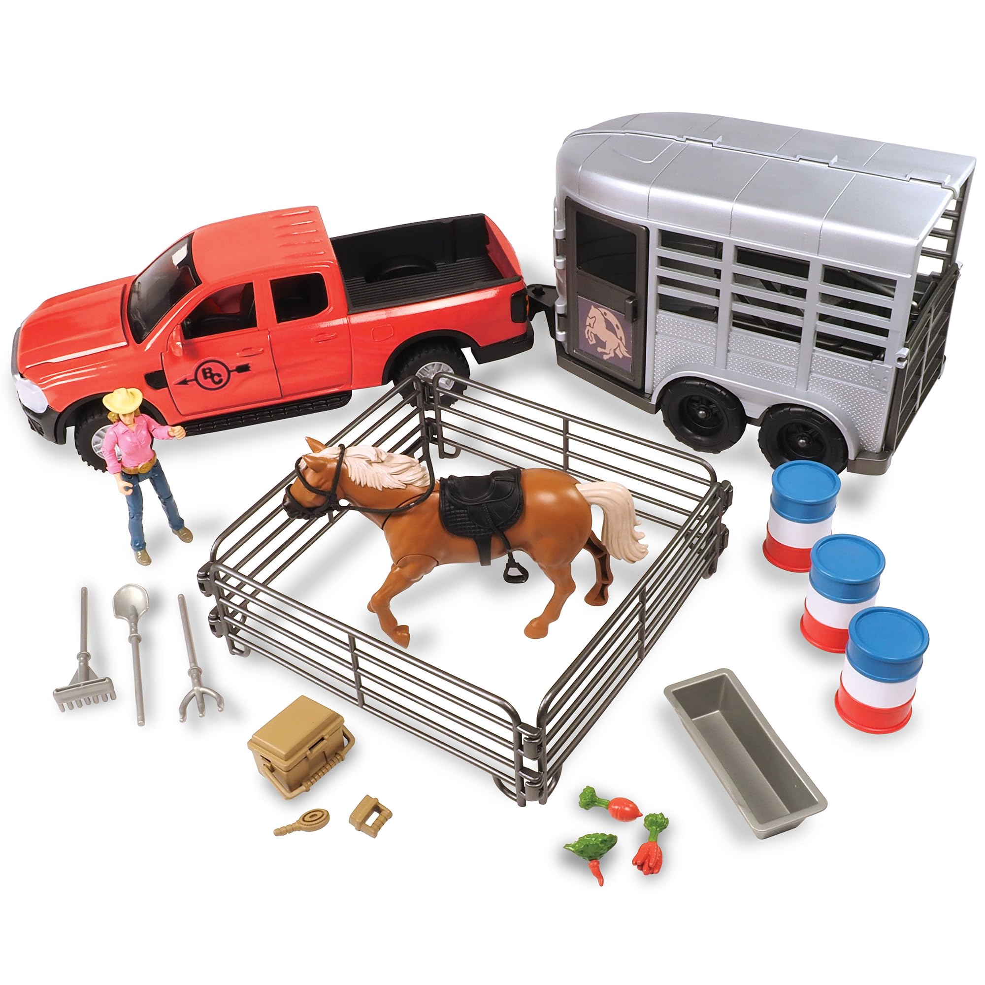 Big Country Toys: Truck & Horse Trailer Adventure - 24pc Rodeo Toy Playset, Light-Sound Red Pickup, Articulated Horse & Cowgirl Action Figure, Kids 3+