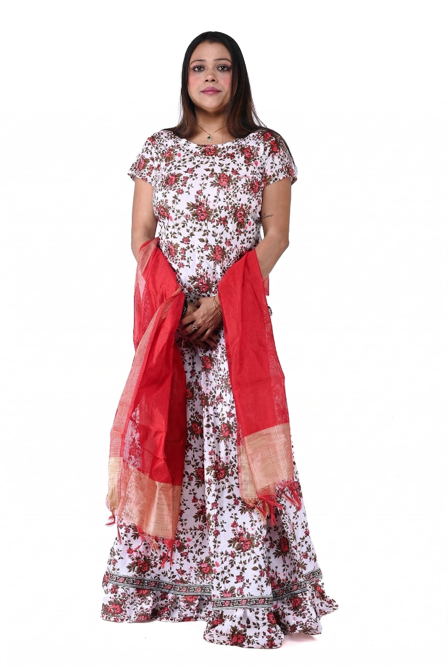 Women's Floral Print Cotton Gopi Dress with Dupatta, White and Red, Short Sleeve, Round Neck, Festive Ethnic Wear-picture-28