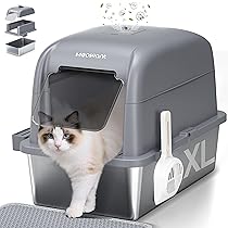 Meowant Lettiera per Gatti in Acciaio Inox, 81L Lettiera Gatto Chiusa XXL, Toilette Grande per Gatti con Paletta e Tappetino, Antiaderente, Antiodore, Facile da Pulire, 60 x 40 x 45 cm, Grigio