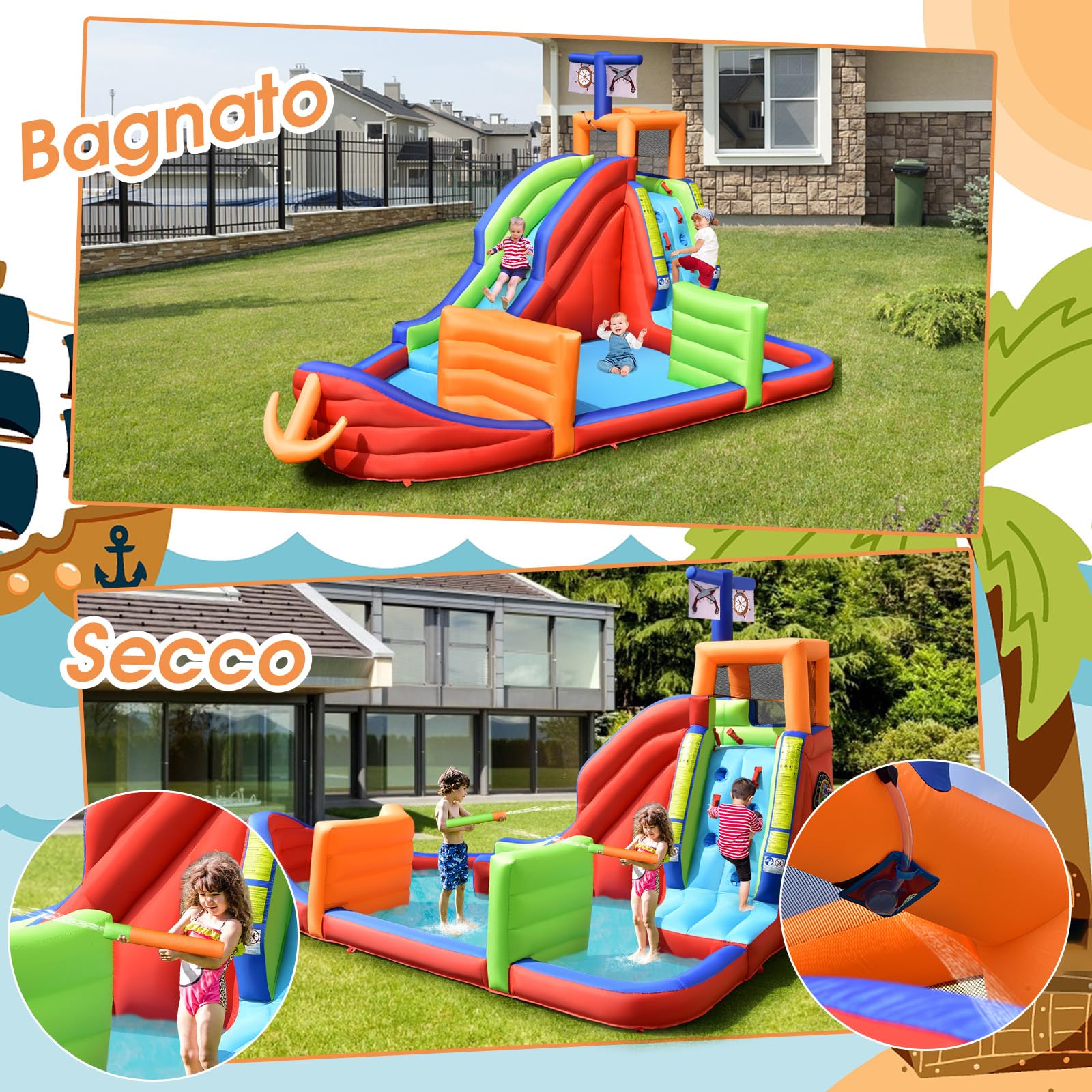 COSTWAY Castello Gonfiabile per Bambini 6 in 1, con Scivolo, Parete per Arrampicarsi, Piscina, Freccette, Gioco di Lancio, Pistole Acquatiche e Borsa, Ideale per 3 Bambini con Età 3-10 Anni