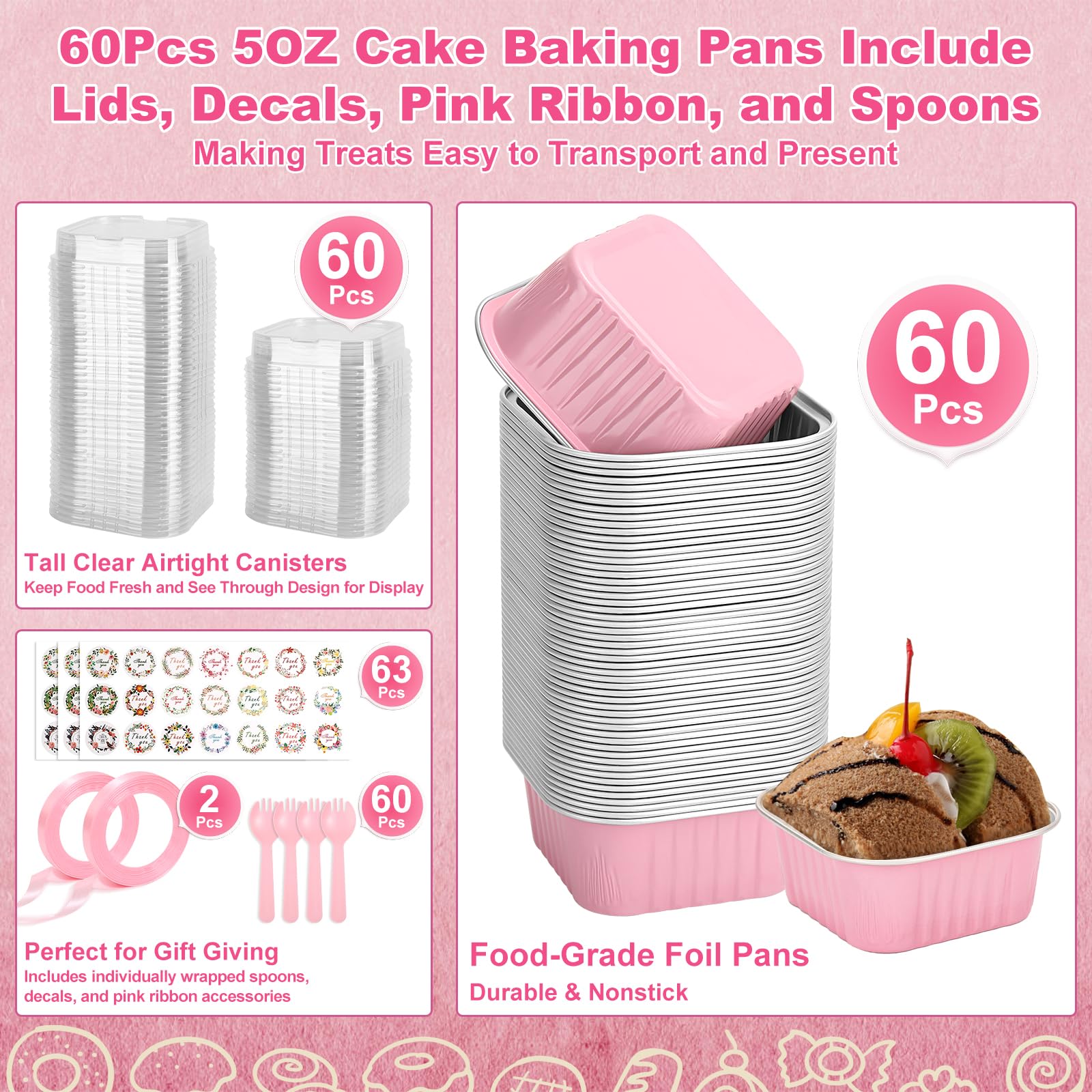 Mini-Kuchenformen mit Deckel und Löffeln, 142 ml, quadratische Aluminiumfolie, Kastenformen, Rosa, kleine Kuchenformen, Einweg-Backformen, Dessert-Cupcake-Becher mit Schleifen-Aufklebern, für Hochzeit