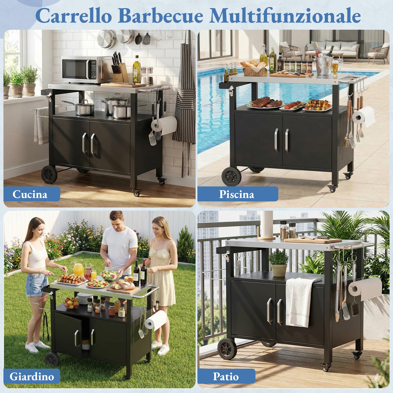 TLSUNNY Carrello per Barbecue con Piano in Acciaio Inox, Tavolo per Barbecue con Porta, 4 Ruote, Carrello da Cucina da Esterno, Carrello da Giardino per Terrazzo, Balcone, Picnic, 112 x 51 x 82.5 cm