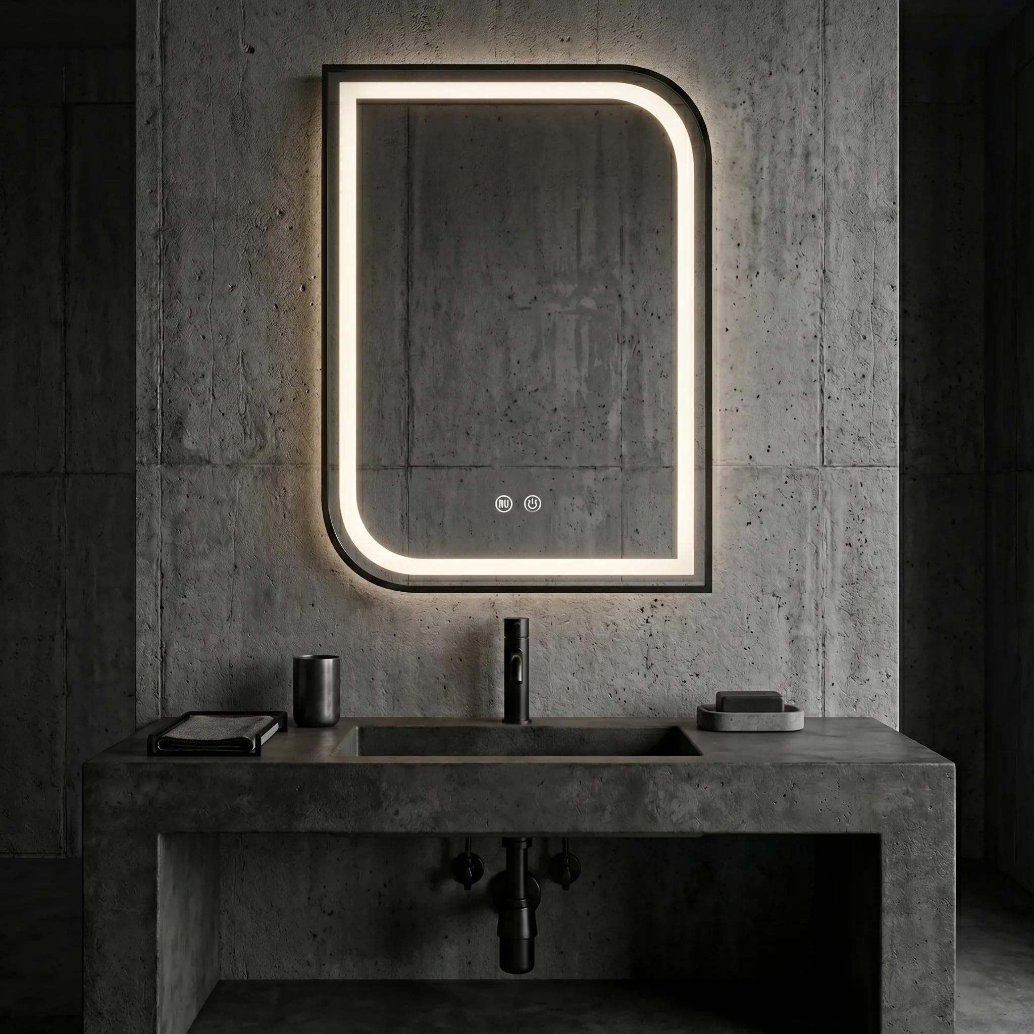 Rea - Lustro Ścienne Led Zone 80x60 Czarny Prostokątne, Asymetryczne - 2,5 x 60 x 80 cm