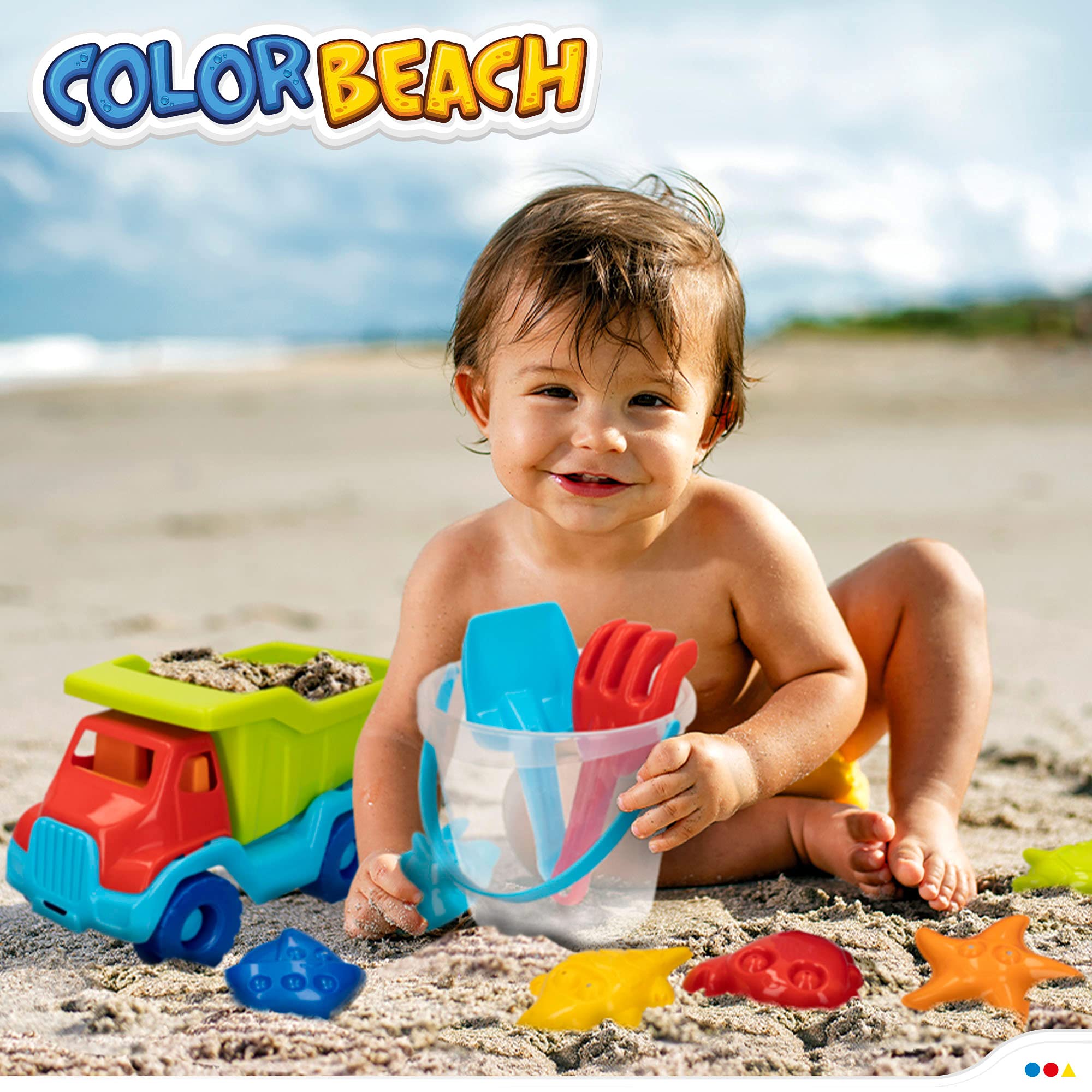 ColorBaby - Juguetes de Playa para niños, Bolsa Juguetes Playa, Cubo Arena, diámetro 18 cm, cedazo, Pala, rastrillo, regadera, camión, moldes Arena, 18mese (49273)