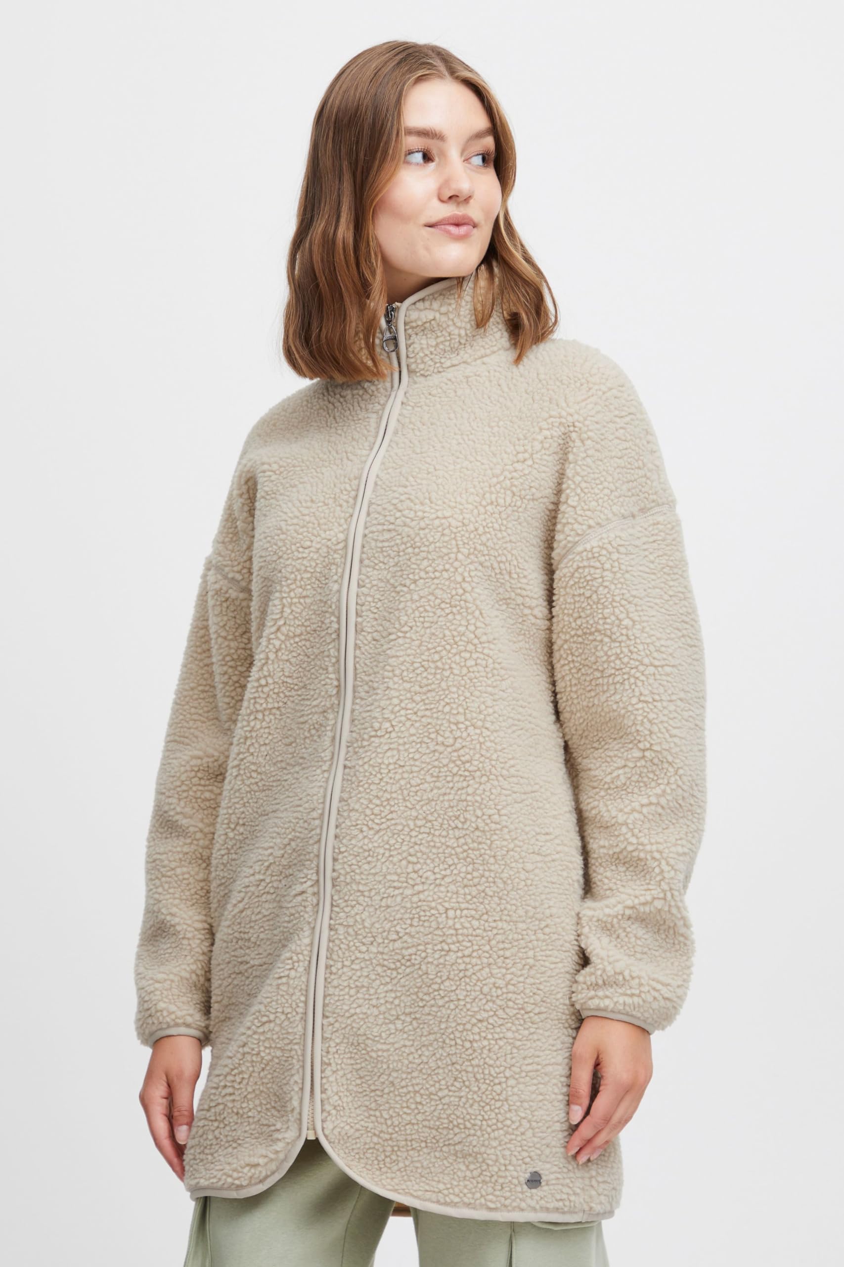 OXMO OXTova Damen Sweatjacke Lang Jacke mit Teddy-Fell Stehkragen Reißverschluss Eingrifftaschen Loose fit