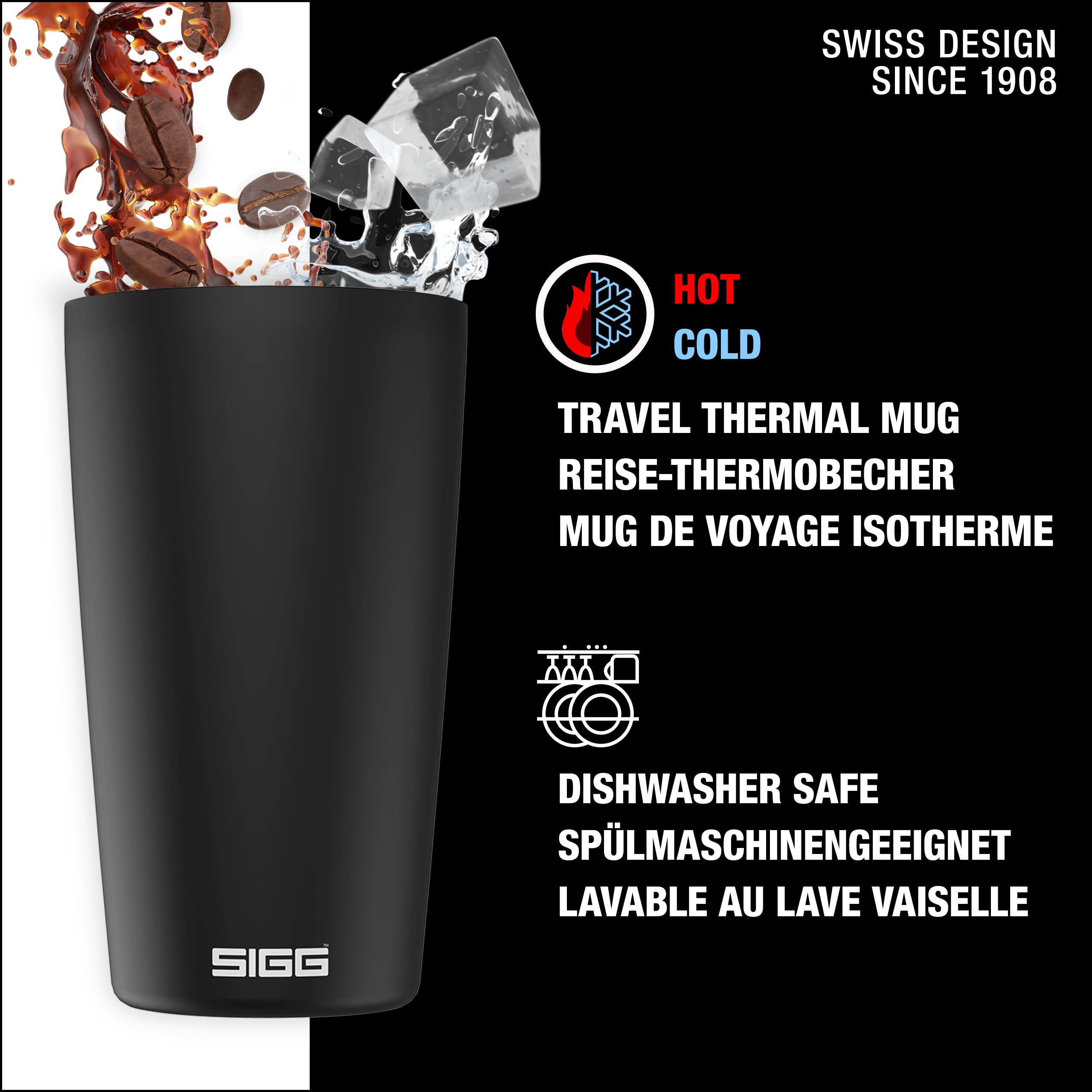 SIGG Neso Cup Black termos kupa (0,4 L), zararlı madde içermeyen ve yalıtımlı kahve kupası, 18/8 paslanmaz çelik, seramik Pure Ceram kaplamalı