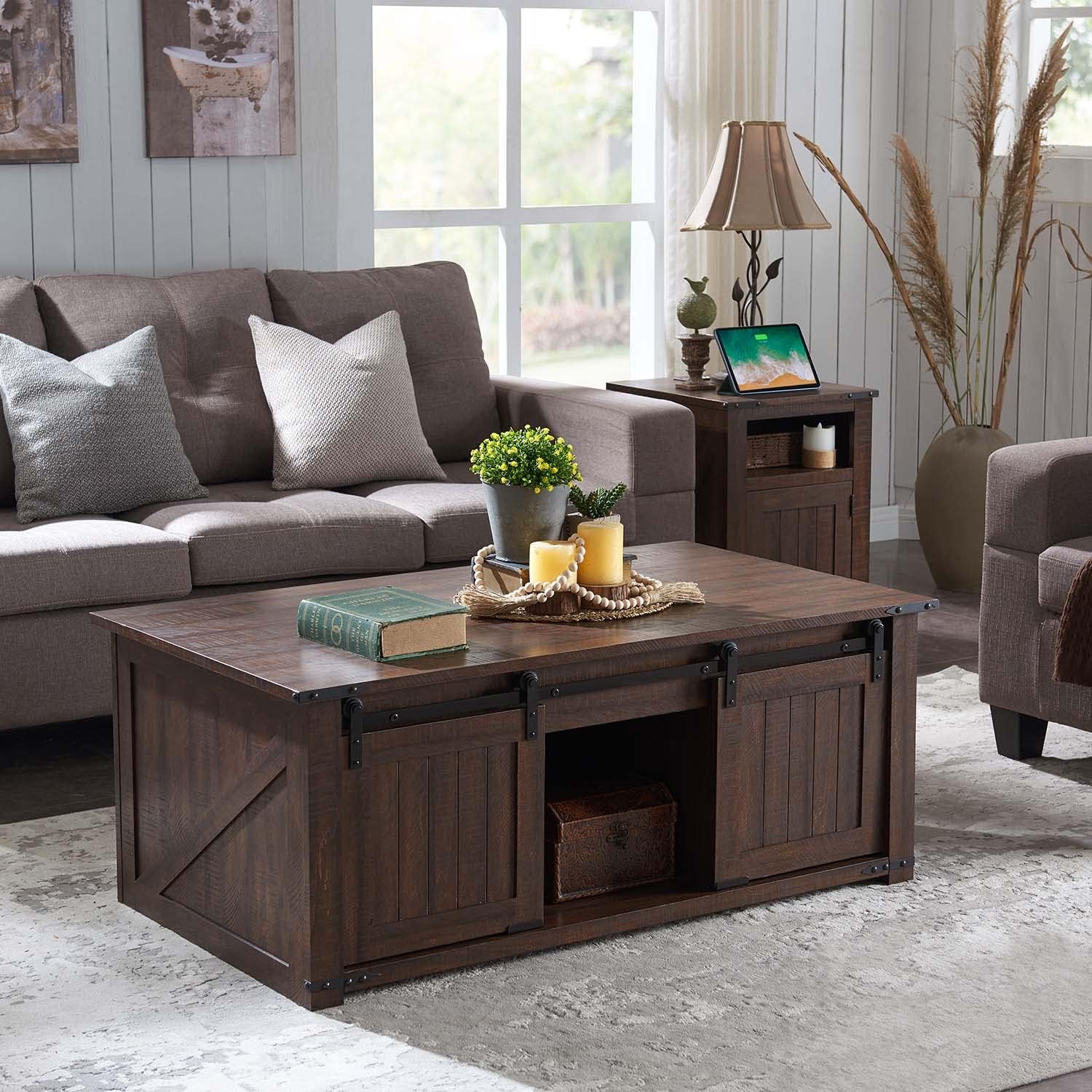 48" Lift Top Coffee Table, Farmhouse Cocktai with Sliding Groove Barn Door, Rustic Wood Center Table w/Double Storage Spaces for Living Room, Brown