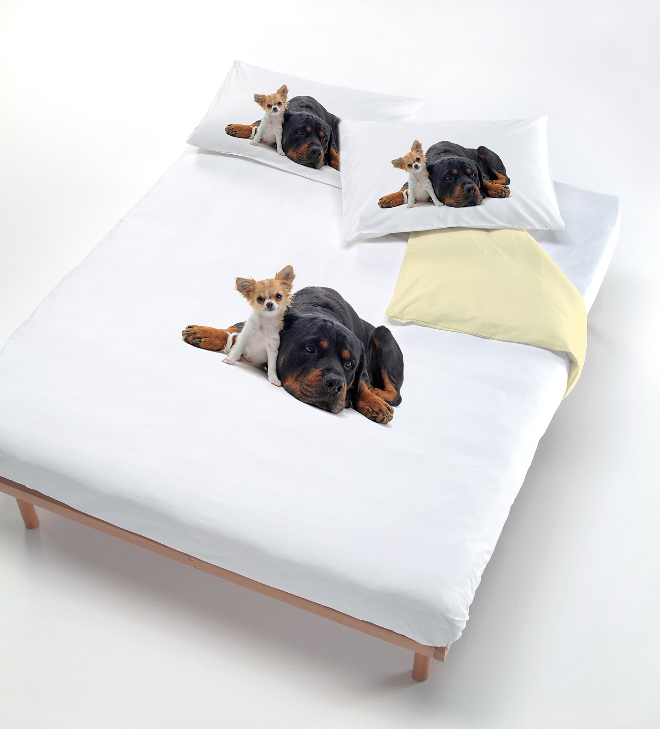 Italian Bed Linen Digital Duvet Cover Set (Bag Sheet 250x200cm + 2 Pillowcases 52x82cm),Two Dogs Cream, DOUBLE