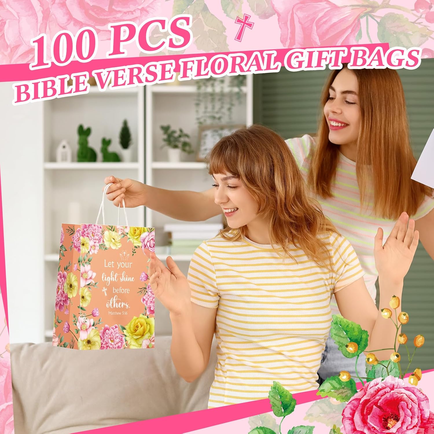 Kolldenn 100 Pcs Christian Gift Bags for Women Bulk Inspirational Gift Bags with Tissue Paper and Handles for Mom Grandma Wife Mother's Day Church Wedding Present Wrapping Supplies (Elegant Style)