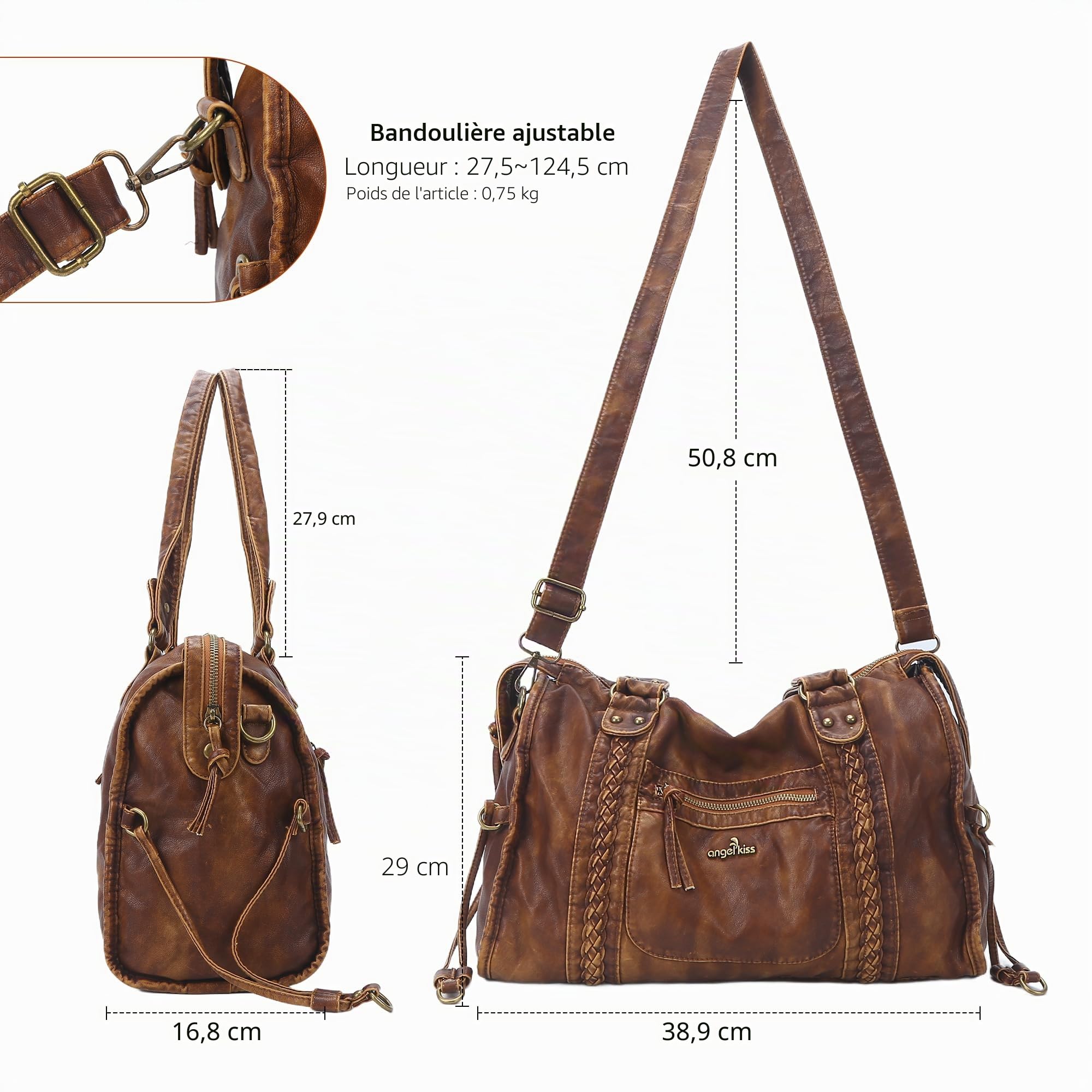 Angel Kiss Sacs Hobo pour femme en cuir végétalien, grand sac à main fourre-tout, sac à bandoulière