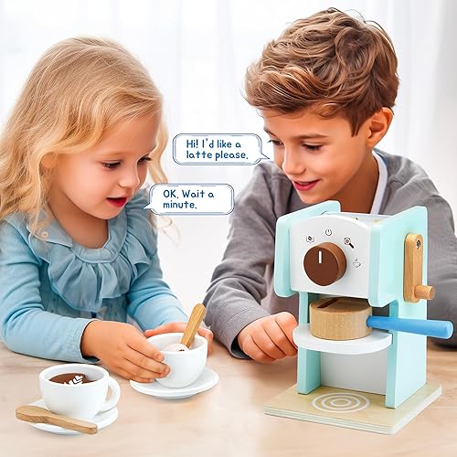 Miniatura 6 de Cafetera de juguete para niños con molinillo, juego de 15 piezas de cafetera de madera, juguetes de madera para niños, accesorios de cocina, regalo
