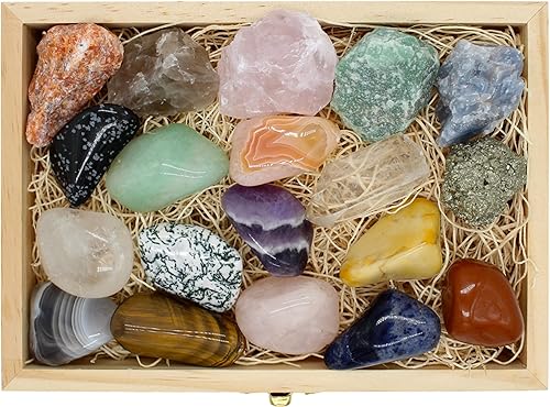 RockandTumble - Juego de cristales curativos  19 piezas. Juego de descubrimiento para principiantes, caja de regalo de madera, juego de cristal de