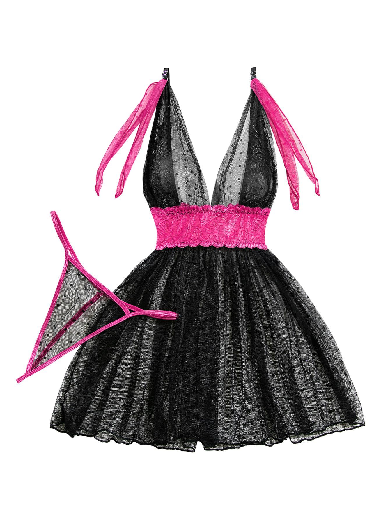 Lilosy Sexy Polka Dots Mesh Sheer Lace Babydoll Chemise Lingerie Set Floral Sleep Wear: Large Black Hot Pink