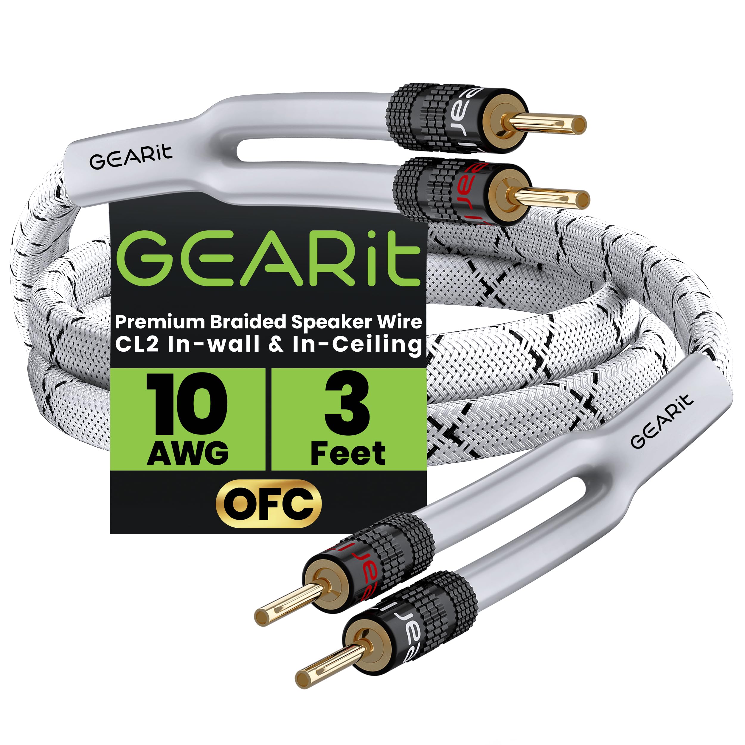 GearIT Cable de altavoz de 10 AWG con conectores chapados en oro (3 pies) en la pared, clasificación CL2, trenzado resistente, 99.9% cobre libre de oxígeno (OFC), blanco, 3 pies
